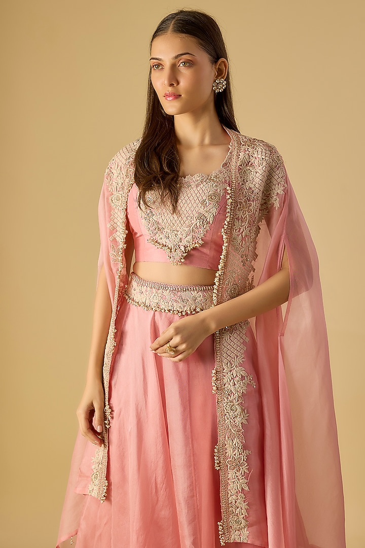 Flamingo Pink Organza Resham Work Cape Set by Prisho at Pernia's Pop Up Shop