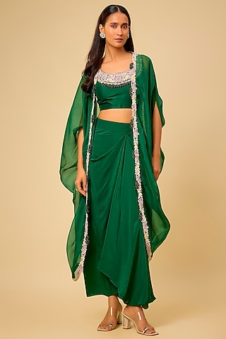 Bottle Green Organza Maal & Dori Work Cape Set by Prisho