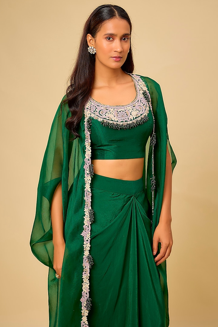 Bottle Green Organza Maal & Dori Work Cape Set by Prisho at Pernia's Pop Up Shop