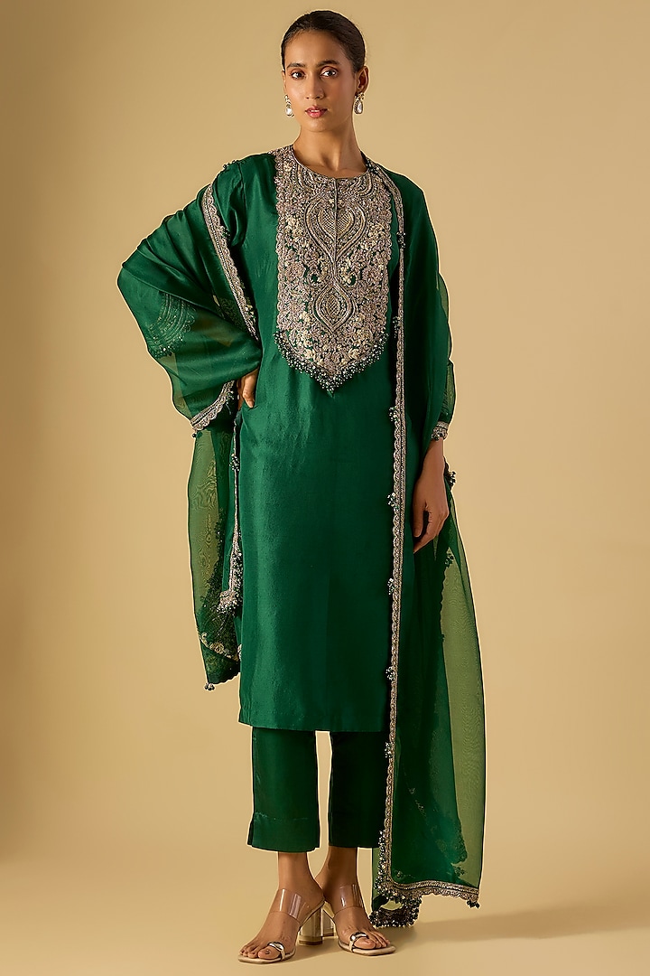 Bottle Green Silk Maal Work Kurta Set by Prisho at Pernia's Pop Up Shop