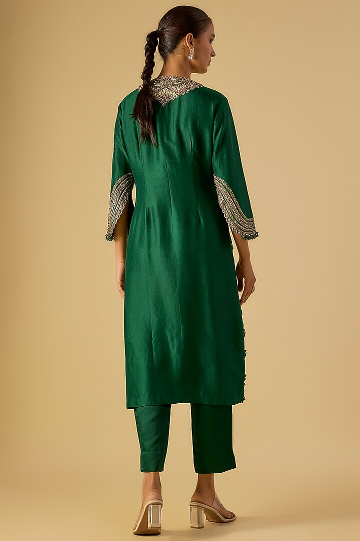 Bottle Green Silk Maal Work Kurta Set by Prisho at Pernia's Pop Up Shop