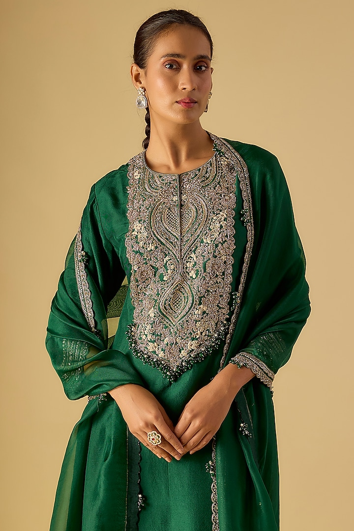 Bottle Green Silk Maal Work Kurta Set by Prisho at Pernia's Pop Up Shop