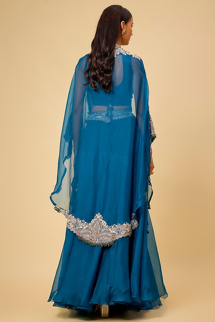 Blue Organza Maal Work Cape Set by Prisho at Pernia's Pop Up Shop