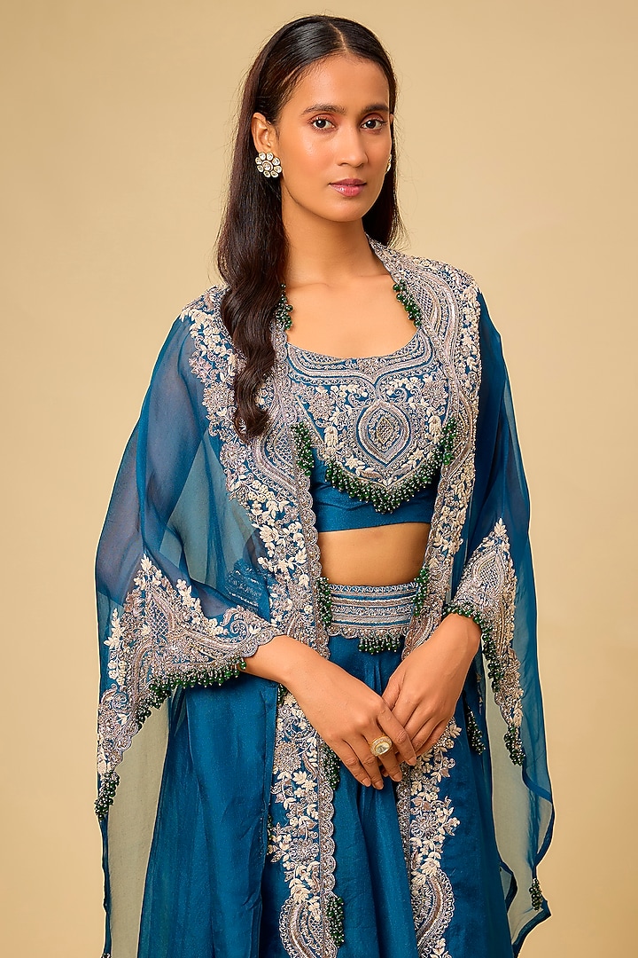 Blue Organza Maal Work Cape Set by Prisho at Pernia's Pop Up Shop