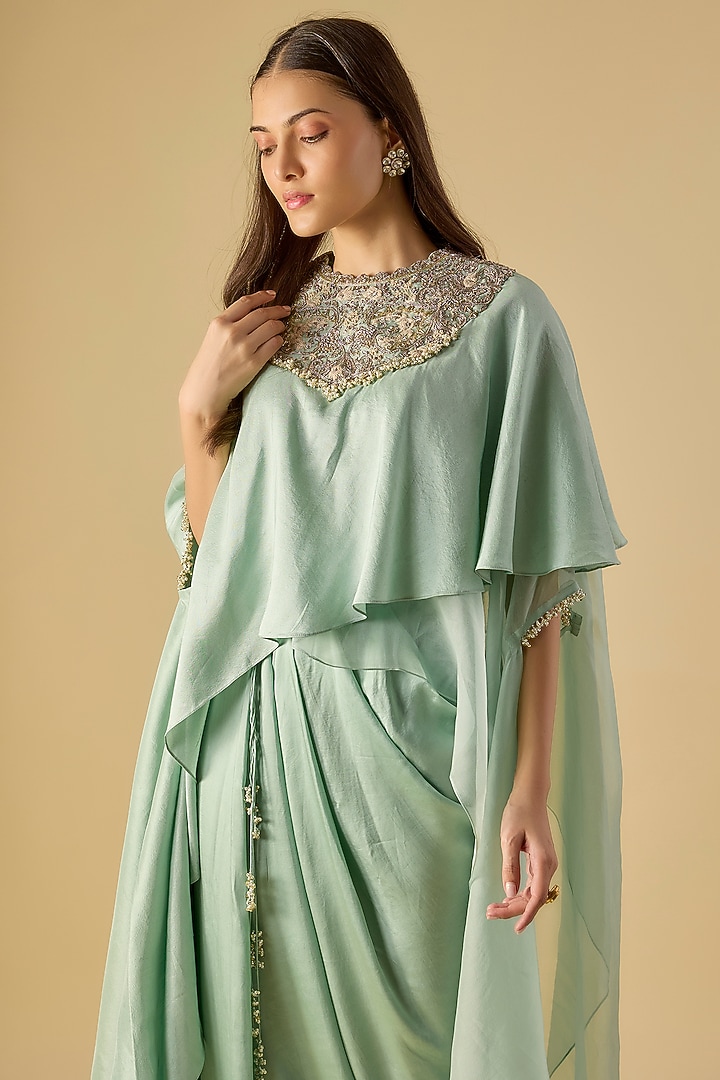 Aqua Organza Maal Work Cape Set  by Prisho at Pernia's Pop Up Shop