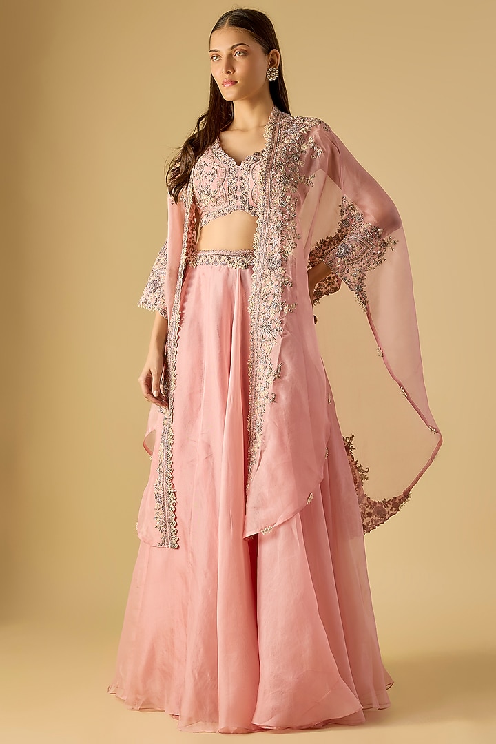 Flamingo Pink Organza Resham Work Cape Set by Prisho at Pernia's Pop Up Shop