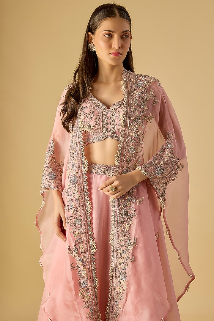 Flamingo Pink Organza Resham Work Cape Set by Prisho at Pernia's Pop Up Shop