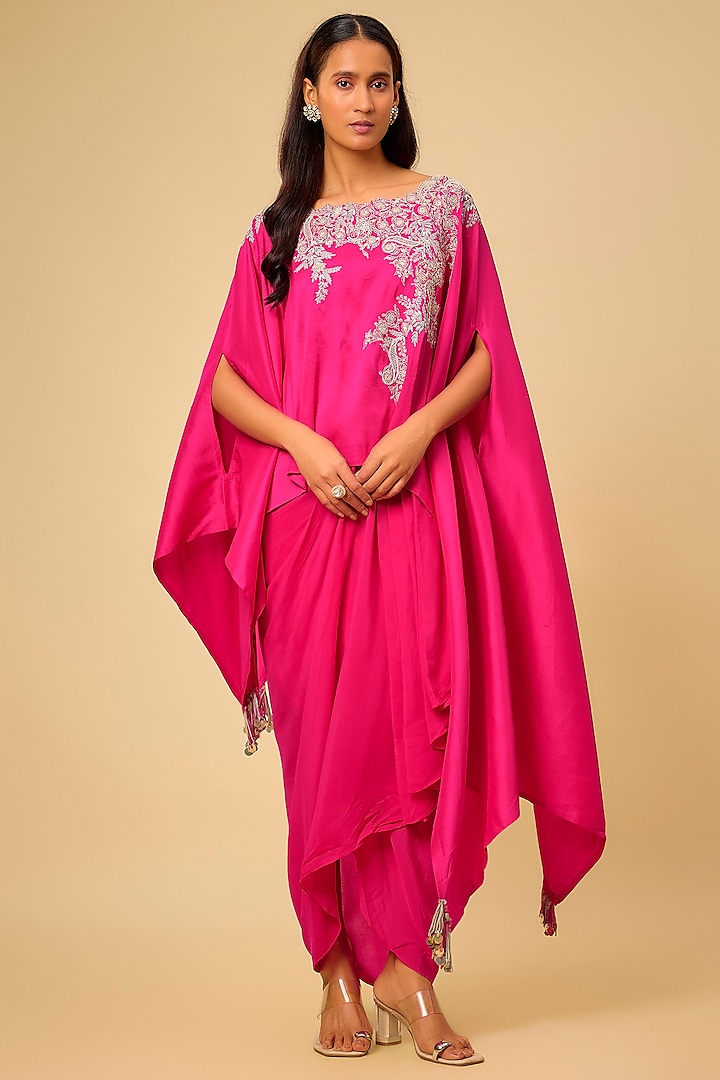 Fuschia Silk Resham Work Kaftan Set by Prisho at Pernia's Pop Up Shop