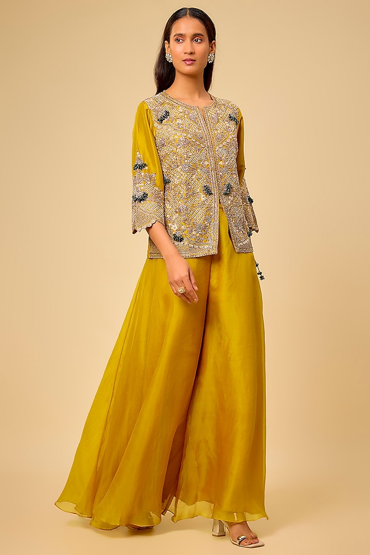 Mustard Organza Wedding Sharara Set by Prisho at Pernia's Pop Up Shop