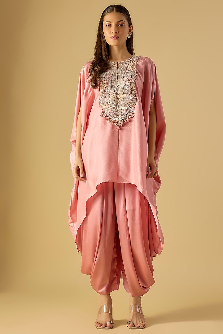 Flamingo Pink Silk Resham Work Kaftan Set by Prisho at Pernia's Pop Up Shop