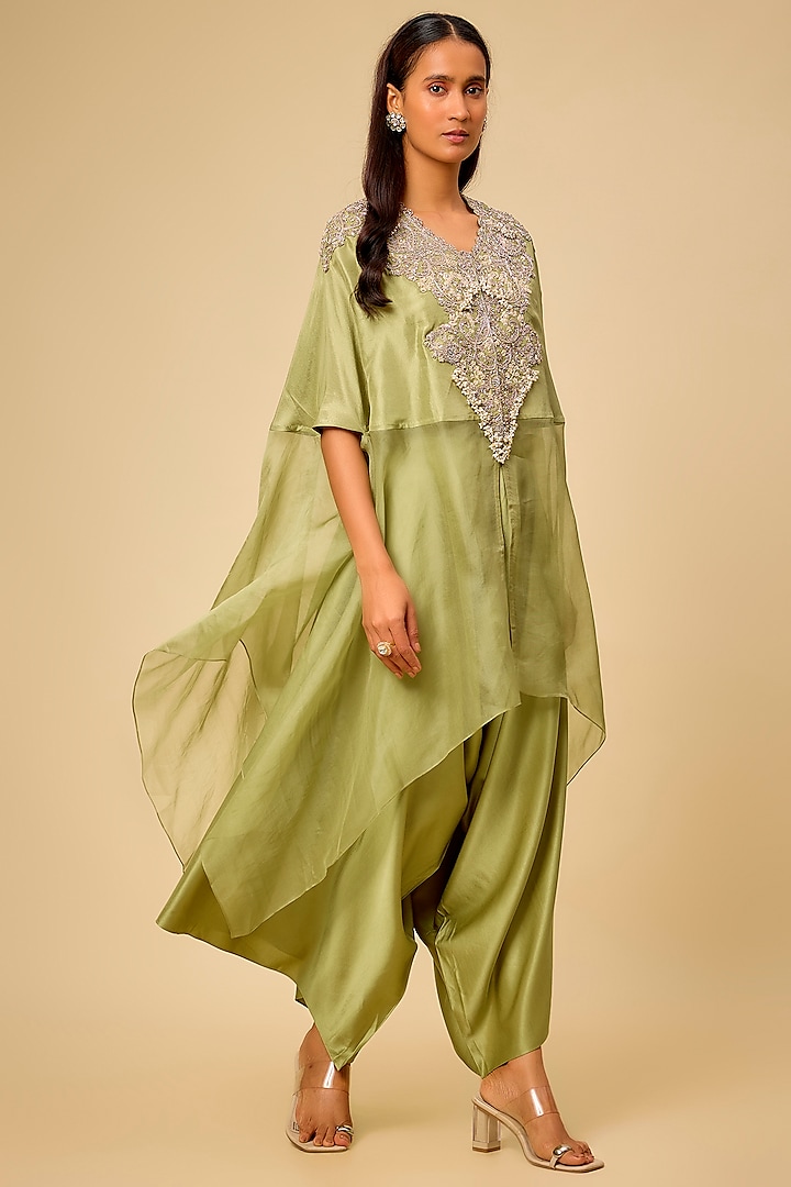 Sea Green Silk Resham Work Kaftan Set by Prisho at Pernia's Pop Up Shop