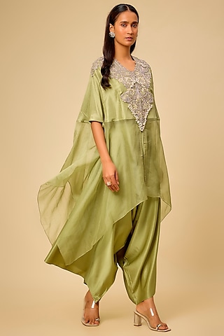 Sea Green Silk Resham Work Kaftan Set by Prisho