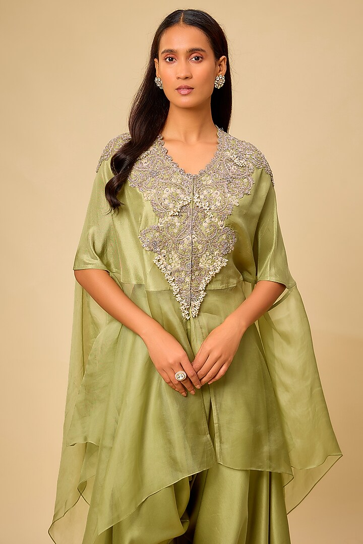 Sea Green Silk Resham Work Kaftan Set by Prisho at Pernia's Pop Up Shop