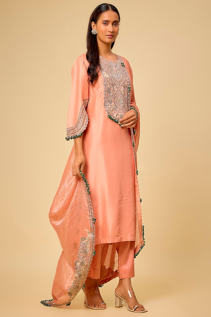 Peach Silk Maal Work Kurta Set by Prisho at Pernia's Pop Up Shop