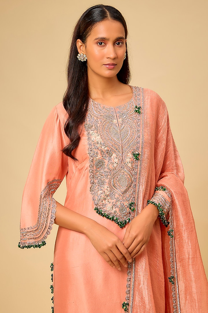 Peach Silk Maal Work Kurta Set by Prisho at Pernia's Pop Up Shop