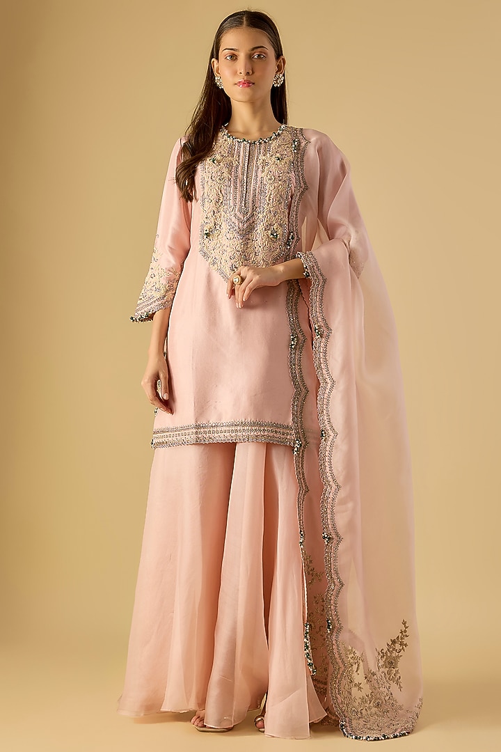 Flamingo Pink Organza Resham Work Cape Set by Prisho at Pernia's Pop Up Shop