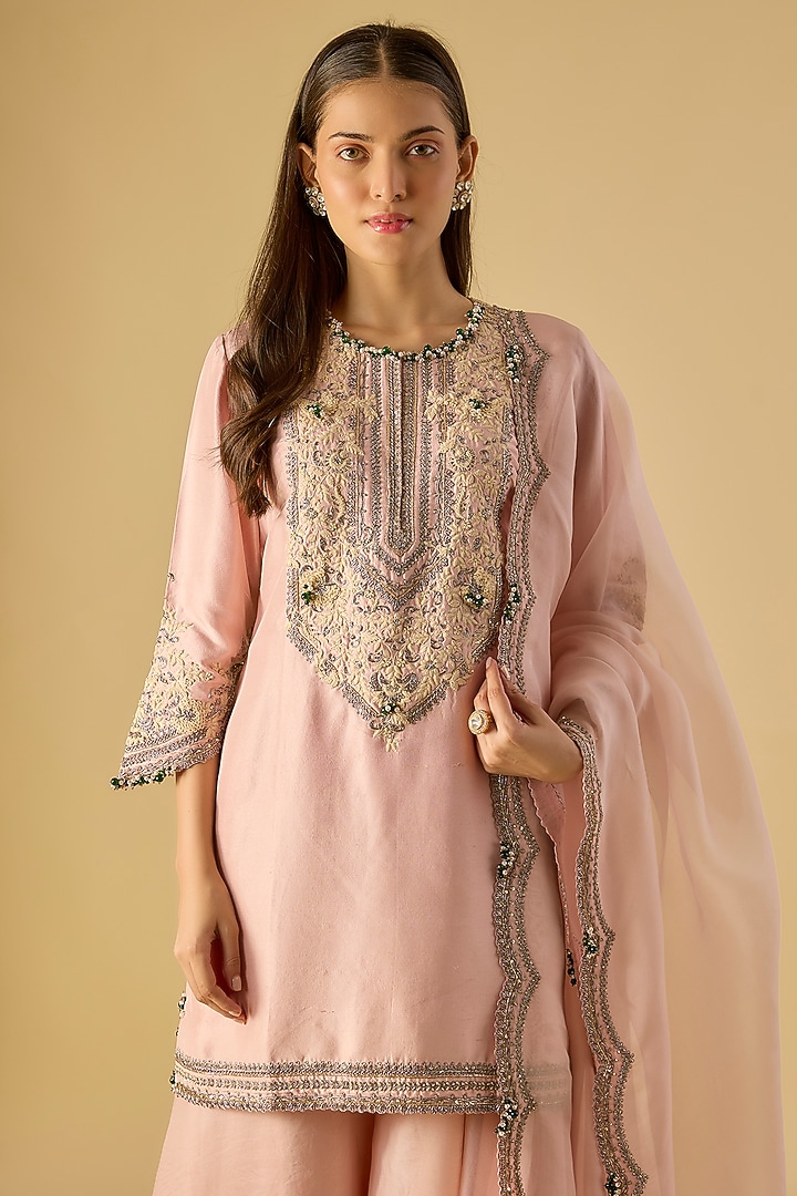 Flamingo Pink Organza Resham Work Cape Set by Prisho at Pernia's Pop Up Shop
