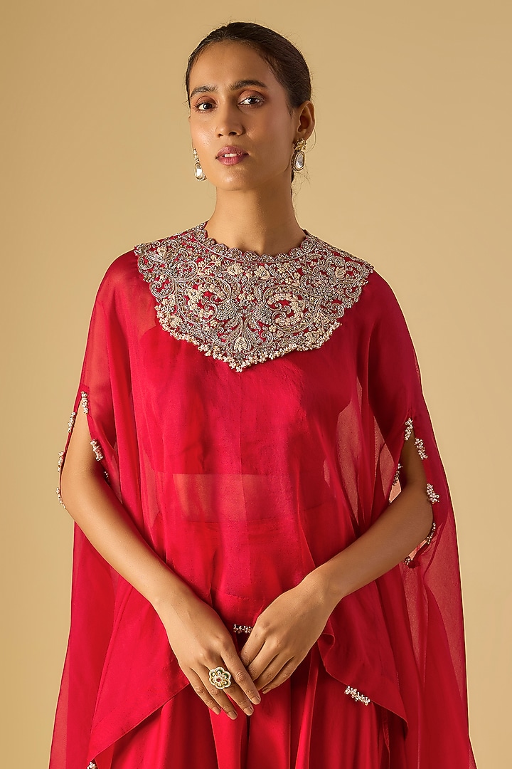 Red Organza Resham & Maal Work Kaftan Set by Prisho at Pernia's Pop Up Shop