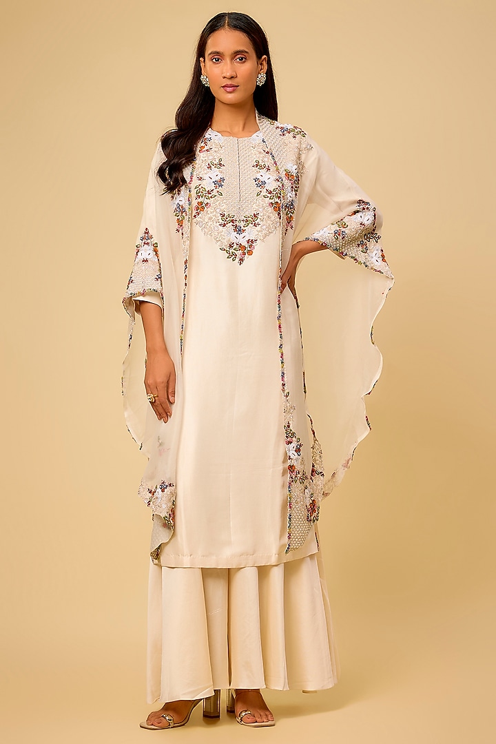 Ivory Silk Thread Work Jacket Kurta Set by Prisho at Pernia's Pop Up Shop