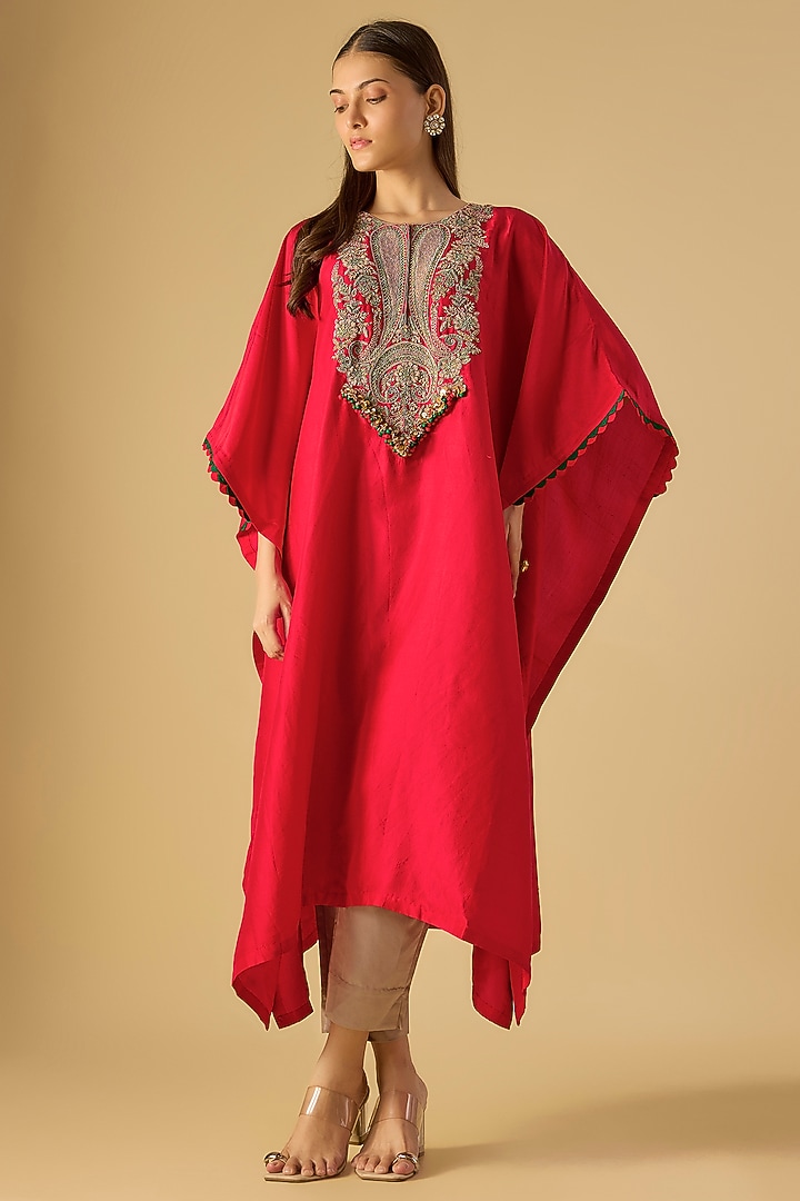 Red Silk Dori Work Kaftan Set by Prisho at Pernia's Pop Up Shop