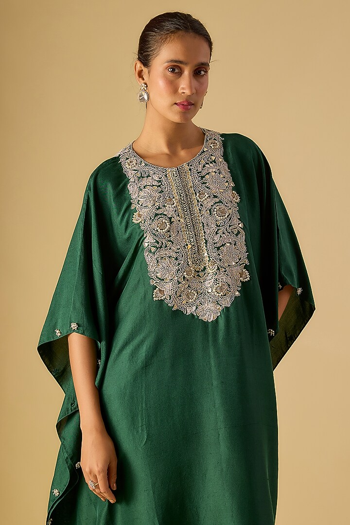 Bottle Green Silk Gota Work Kaftan Set by Prisho at Pernia's Pop Up Shop