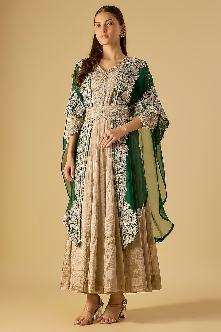 Beige Tissue Gota Work Jacket Bridal Anarkali Set by Prisho at Pernia's Pop Up Shop