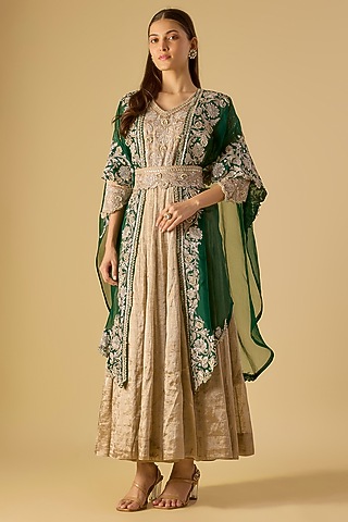 Beige Tissue Gota Work Jacket Anarkali Set by Prisho