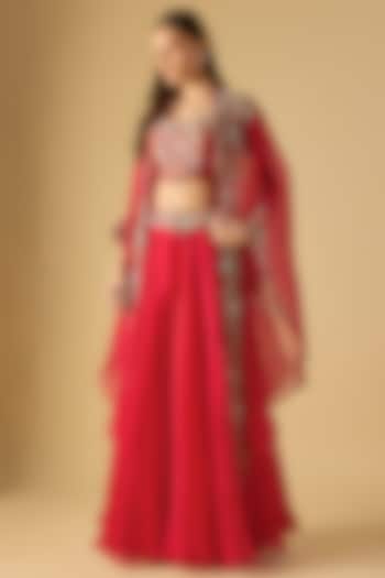 Red Organza Maal Work Skirt Set by Prisho at Pernia's Pop Up Shop