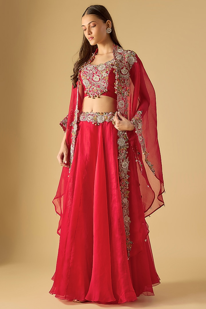 Red Organza Maal Work Skirt Set by Prisho at Pernia's Pop Up Shop