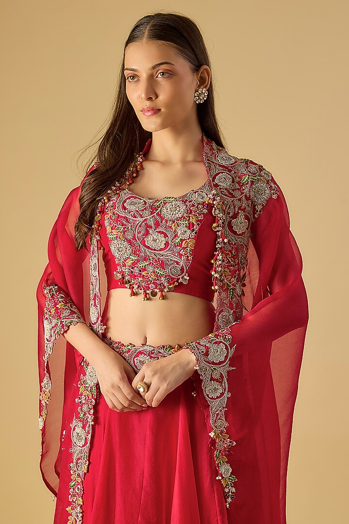 Red Organza Maal Work Skirt Set by Prisho at Pernia's Pop Up Shop