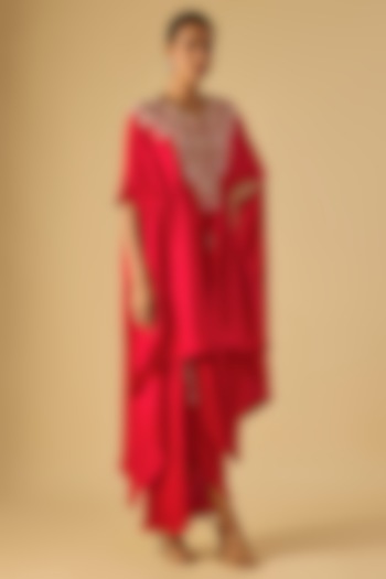 Red Silk Resham Work Kaftan Set by Prisho at Pernia's Pop Up Shop