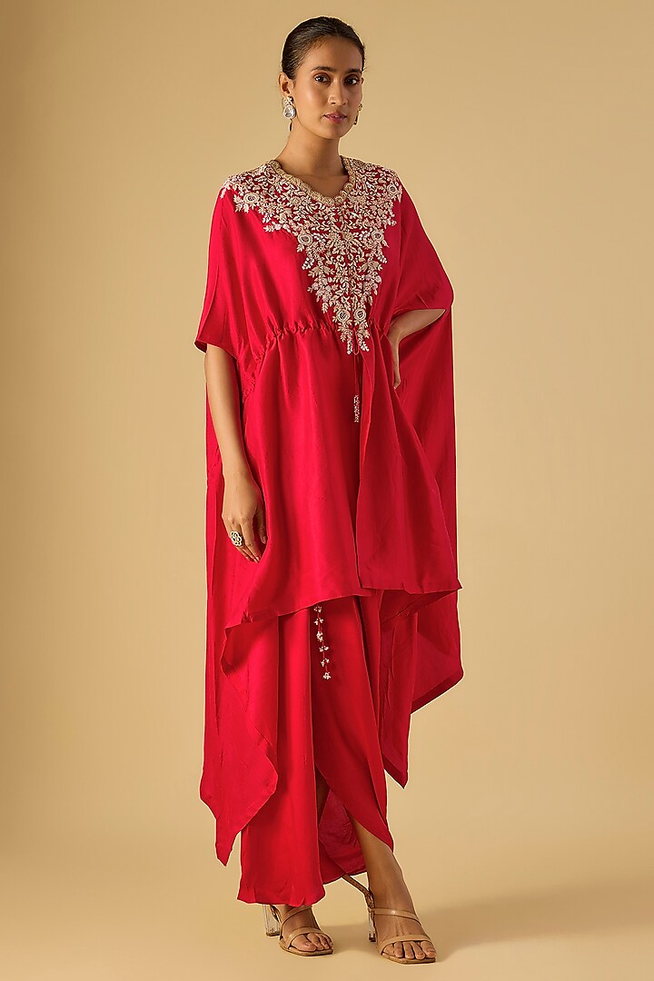 Red Silk Resham Work Kaftan Set by Prisho at Pernia's Pop Up Shop