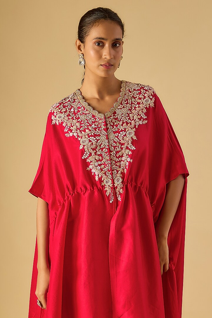 Red Silk Resham Work Kaftan Set by Prisho at Pernia's Pop Up Shop