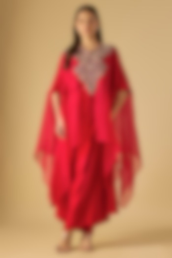 Red Semi-Organza Silk Resham & Maal Work Kaftan Set by Prisho at Pernia's Pop Up Shop