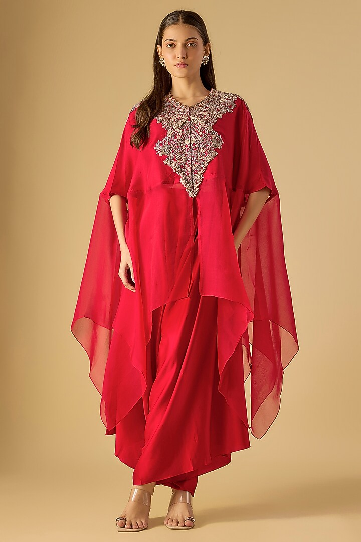 Red Semi-Organza Silk Resham & Maal Work Kaftan Set by Prisho at Pernia's Pop Up Shop