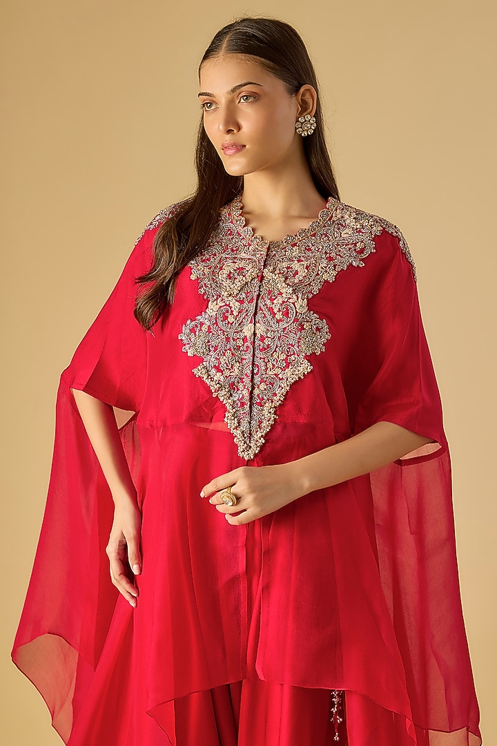 Red Semi-Organza Silk Resham & Maal Work Kaftan Set by Prisho at Pernia's Pop Up Shop