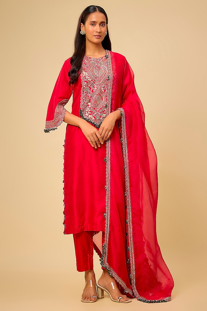 Red Silk Maal Work Kurta Set by Prisho at Pernia's Pop Up Shop