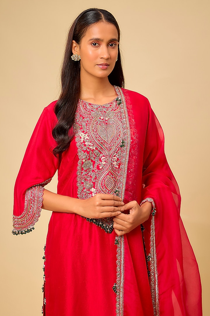 Red Silk Maal Work Kurta Set by Prisho at Pernia's Pop Up Shop