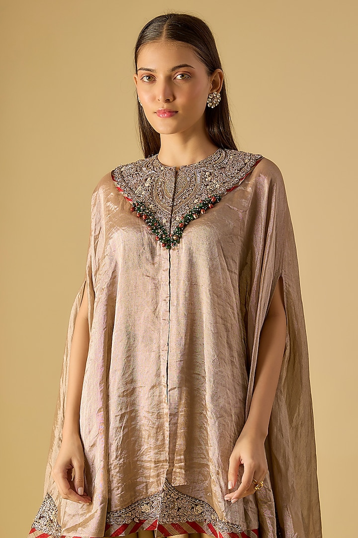 Champagne Tissue Maal Work Kaftan Set by Prisho at Pernia's Pop Up Shop