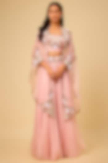Flamingo Pink Organza Thread Work Skirt Set by Prisho at Pernia's Pop Up Shop