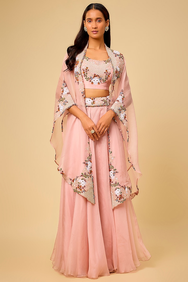 Flamingo Pink Organza Thread Work Skirt Set by Prisho at Pernia's Pop Up Shop