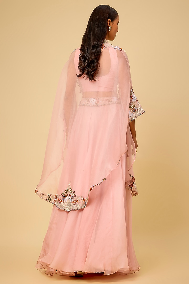 Flamingo Pink Organza Thread Work Skirt Set by Prisho at Pernia's Pop Up Shop