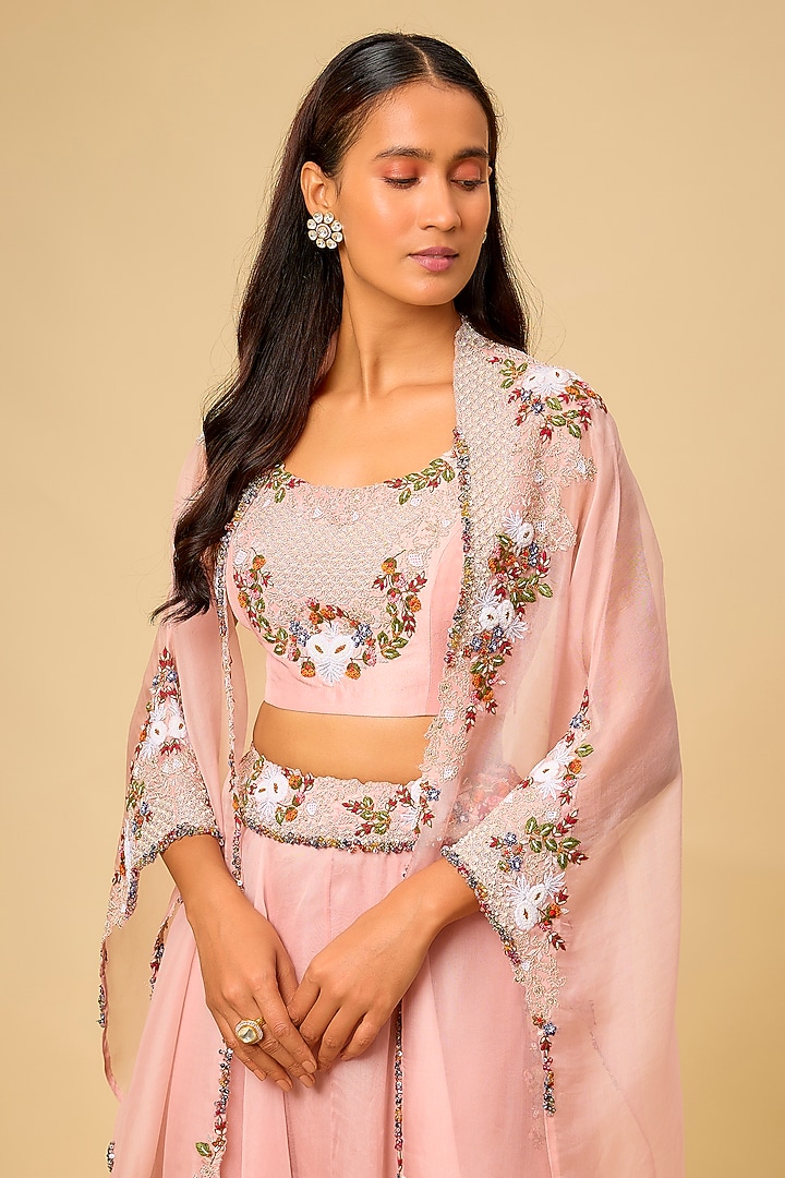Flamingo Pink Organza Thread Work Skirt Set by Prisho at Pernia's Pop Up Shop