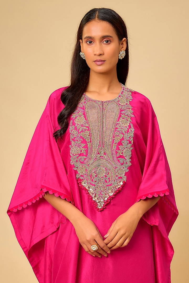Fuchsia Silk Dori Work Kaftan Set by Prisho at Pernia's Pop Up Shop