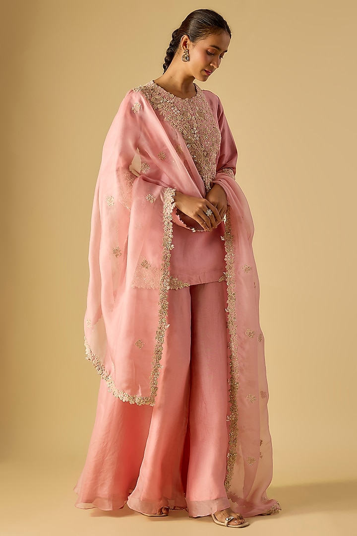 Dark Flamingo Pink Silk Resham Work Wedding Sharara Set by Prisho at Pernia's Pop Up Shop