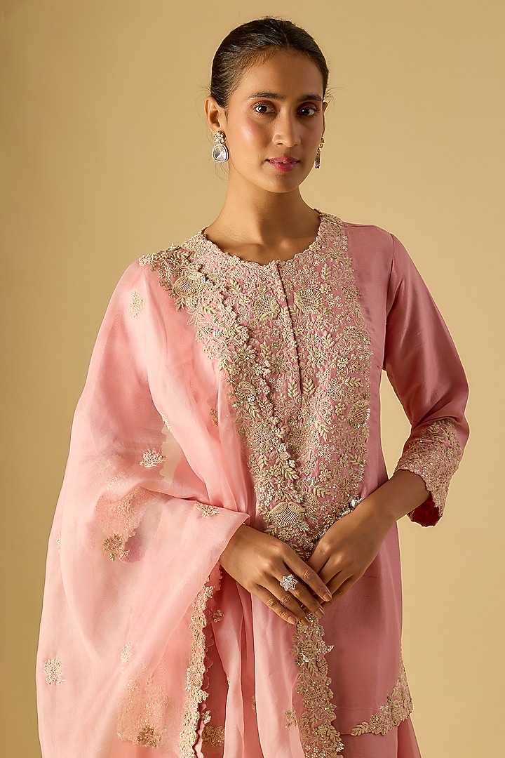 Dark Flamingo Pink Silk Resham Work Wedding Sharara Set by Prisho at Pernia's Pop Up Shop