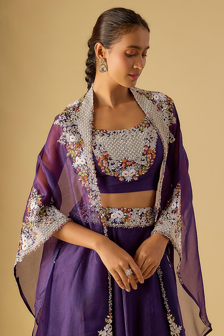 Dark Purple Organza Thread Work Skirt Set by Prisho at Pernia's Pop Up Shop