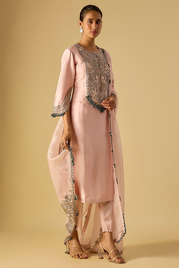 Flamingo Pink Silk Maal Work Kurta Set by Prisho at Pernia's Pop Up Shop