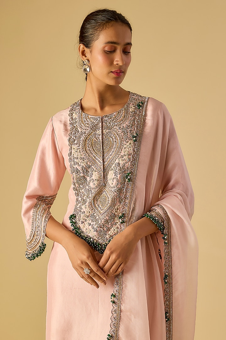 Flamingo Pink Silk Maal Work Kurta Set by Prisho at Pernia's Pop Up Shop