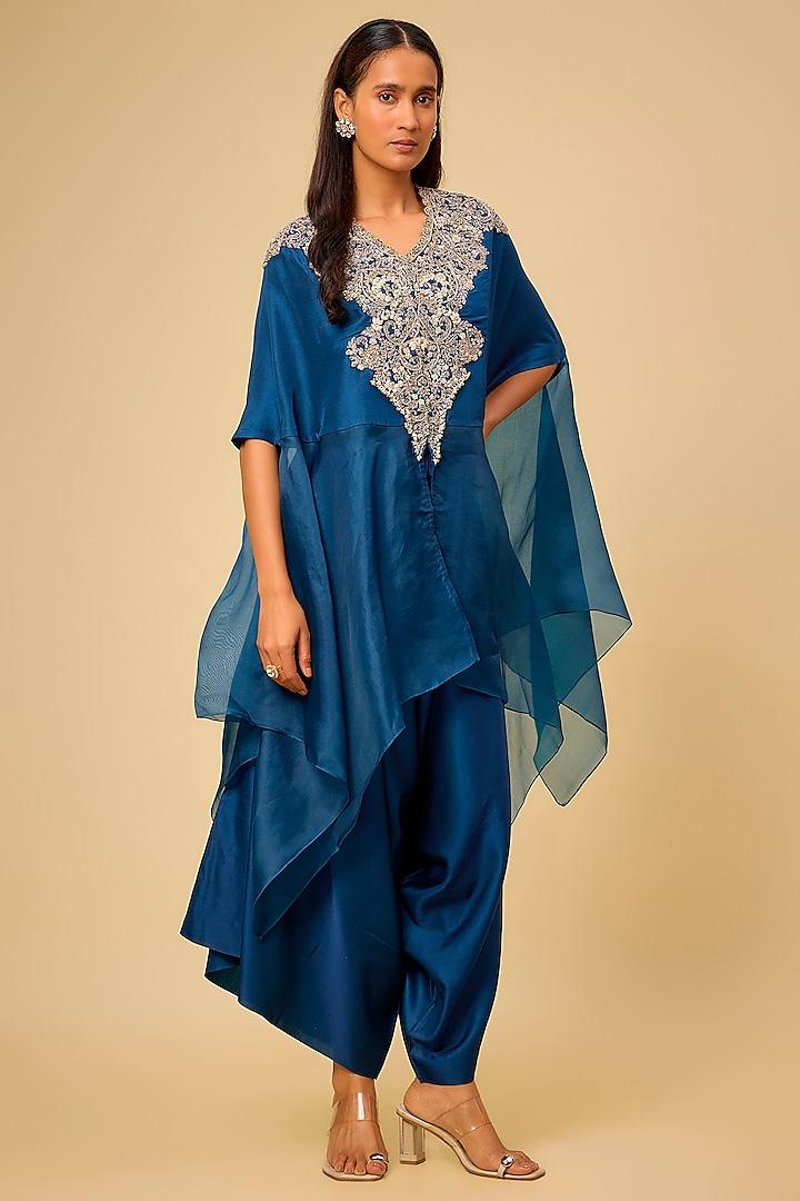 Blue Semi-Organza Silk Resham & Maal Work Kaftan Set by Prisho at Pernia's Pop Up Shop